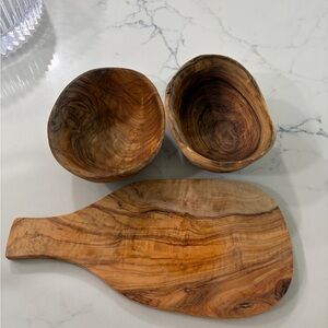 Crate&Barrel Olive Wood Serving Board and Bowls - Natural Brown